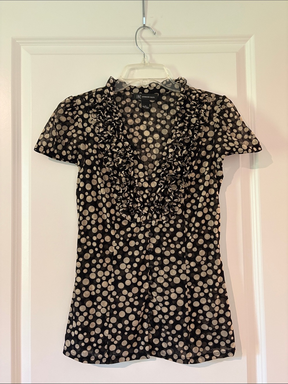 INC International Concepts Black and Cream Polka Dot Ruffle V-Neck Top